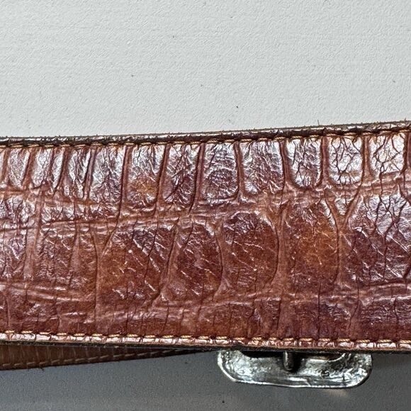 Vintage 90s Womens GAP embossed leather belt Tan silver western style buckle L - Picture 3 of 7